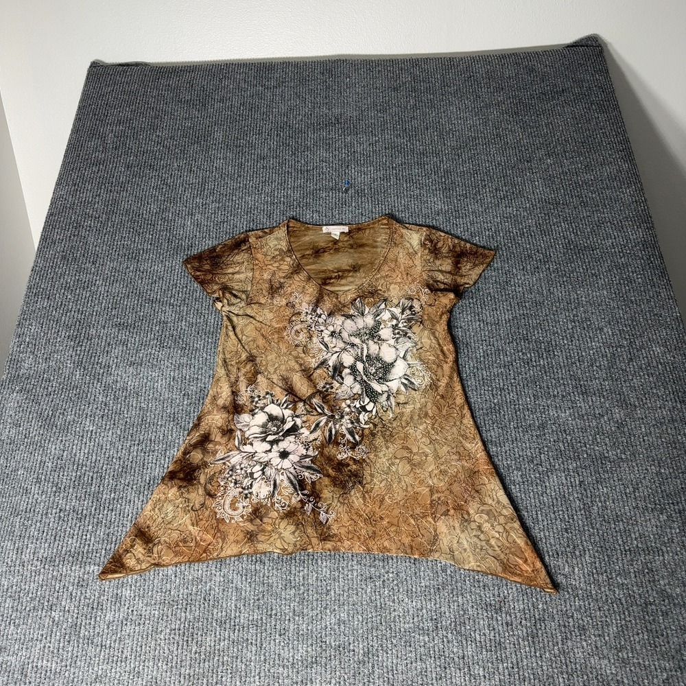 Vintage Y2K Floral T Shirt Womens M Brown Short Sleeve Sharkbite Hem Garden Core